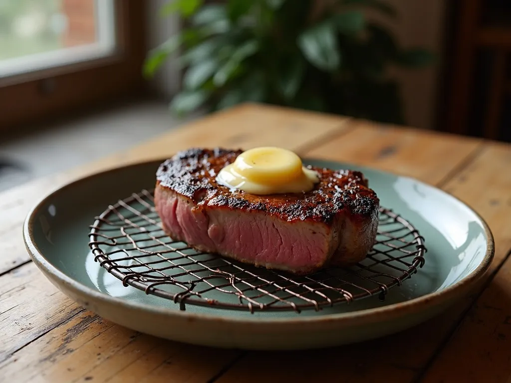 A seared filet mignon resting on a wire rack with butter melting over it