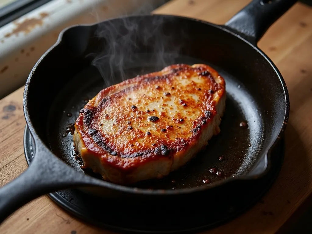 A pork chop searing in a cast iron skillet with a browned crust forming