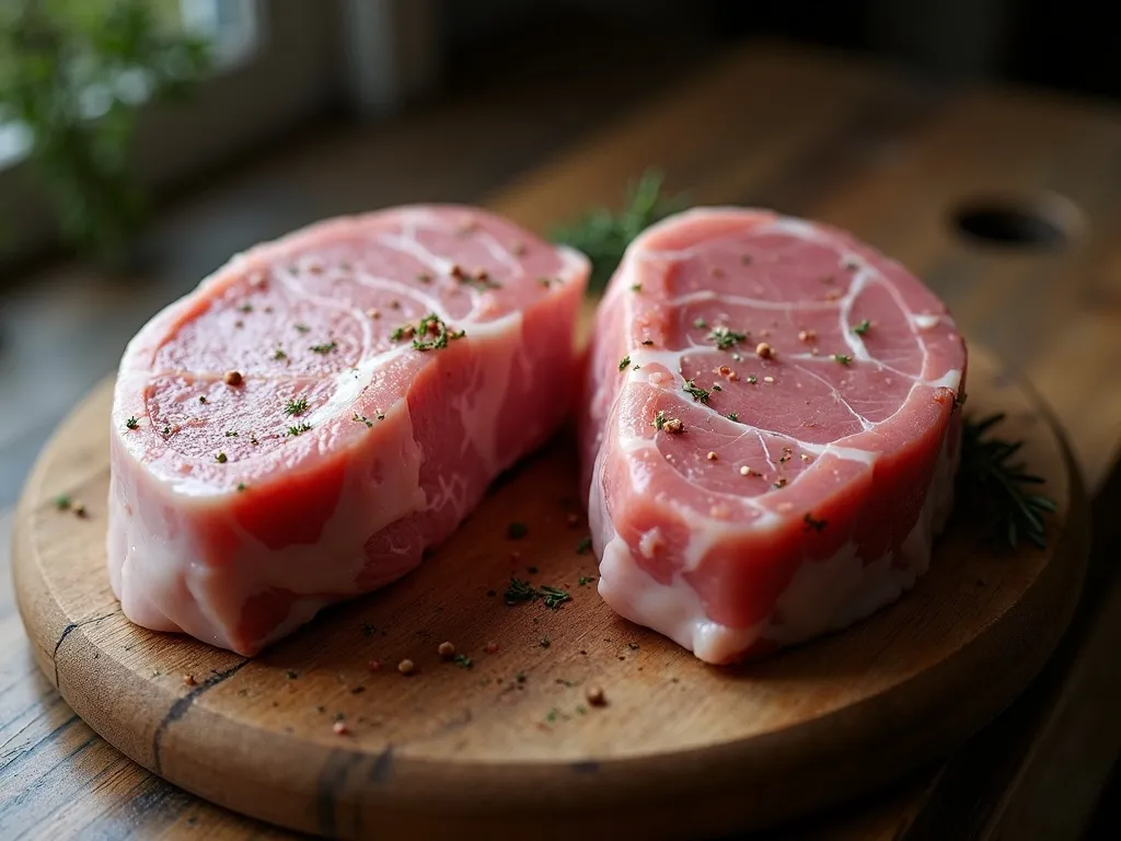 Two pork chops of visibly different thickness side by side on a wooden board