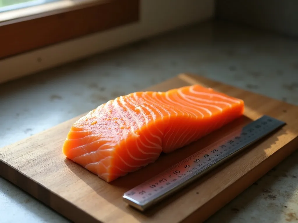 A raw salmon fillet on a wooden board with a ruler beside it measuring the thickest point